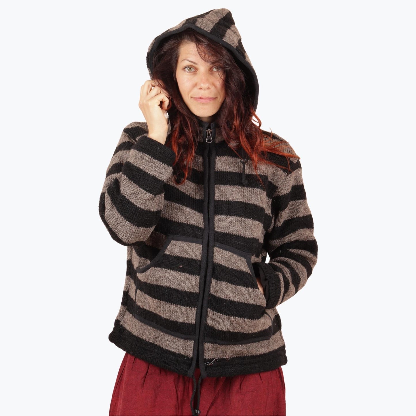 Wool jacket with hood - Brown black stripes